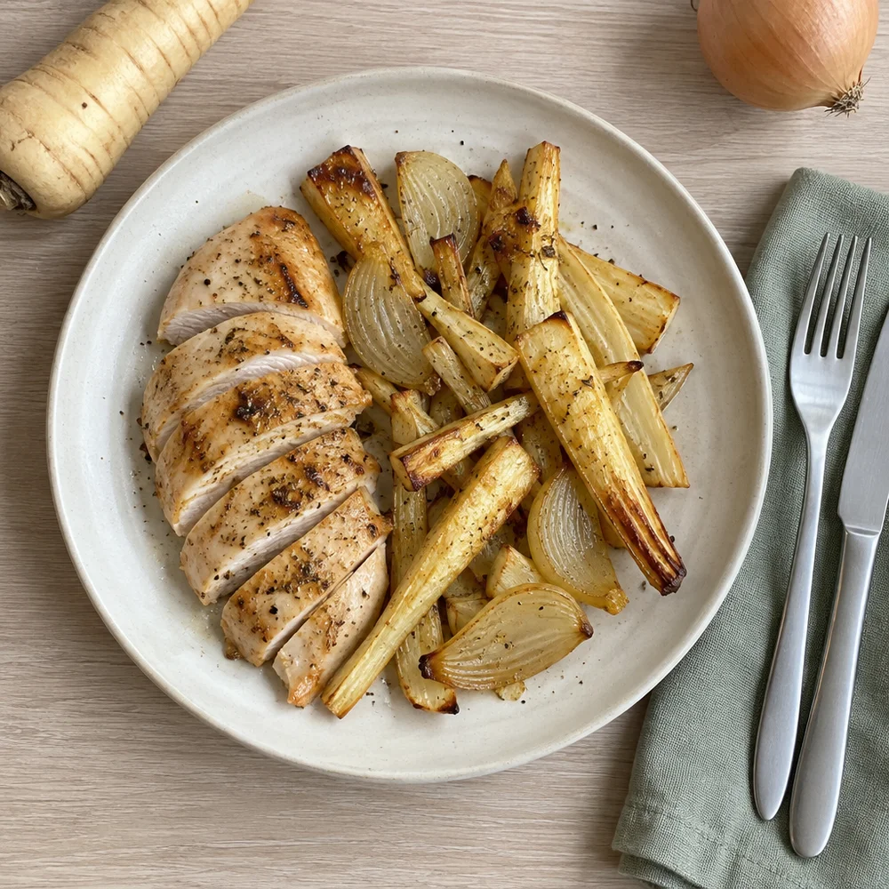 High-protein chicken and parsnip traybake