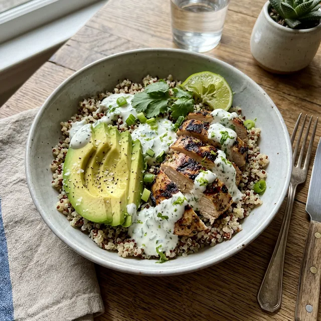 High-protein chicken and quinoa bowl with broccoli