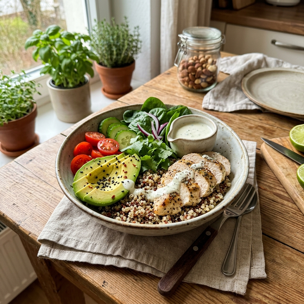 High-protein chicken quinoa bowl with avocado and lime yoghurt dressing