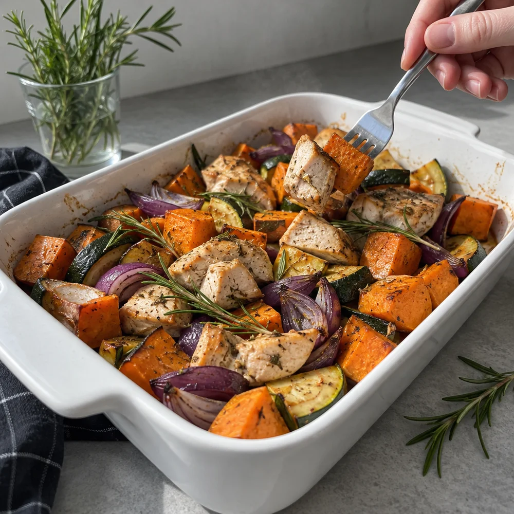 High-protein chicken and sweet potato bake with rosemary
