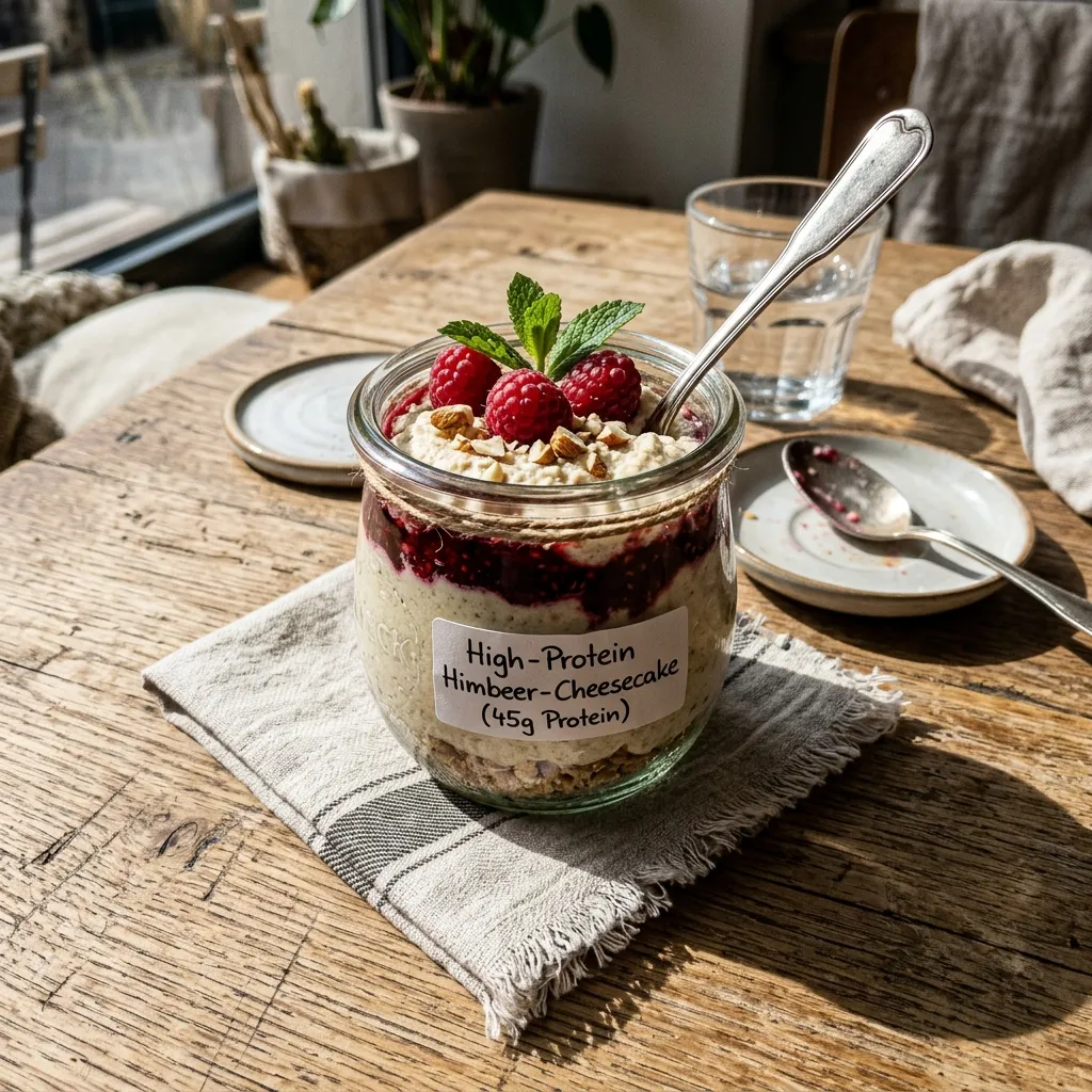 High-protein raspberry cheesecake in a glass