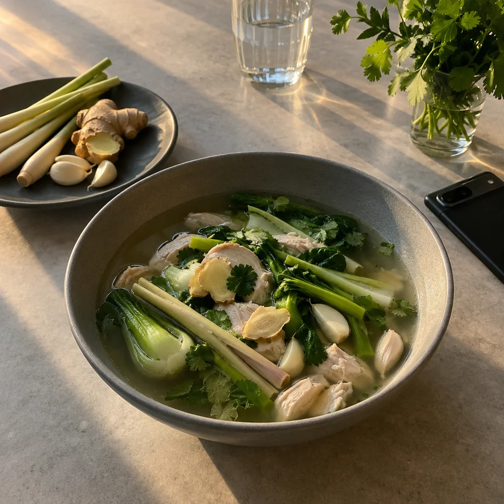 High-protein chicken fondue with lemongrass, ginger and pak choi