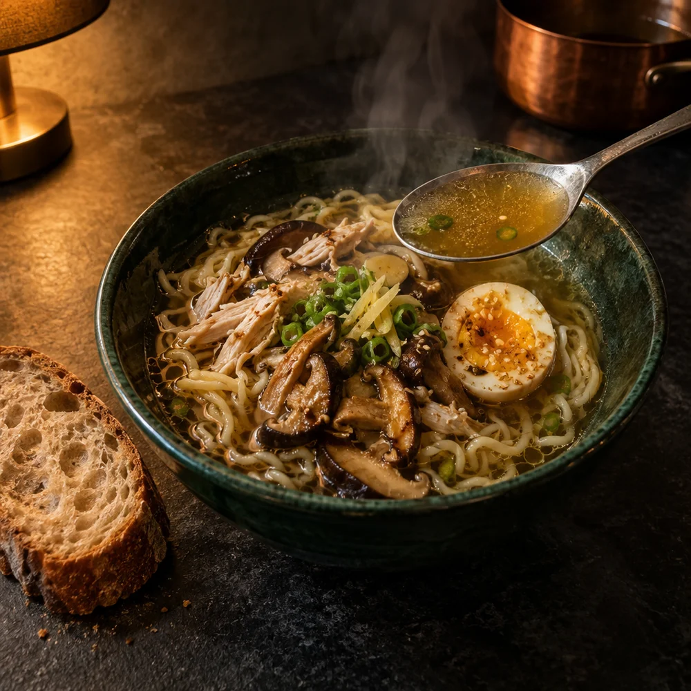 High-protein chicken ramen with shiitake and egg
