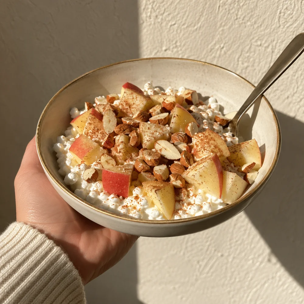 High-protein cottage cheese bowl with apple and cinnamon