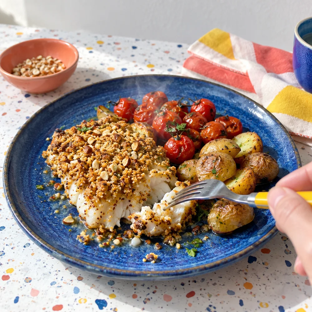 High-protein air fryer cod with a mustard and almond crust