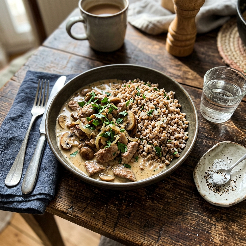 High-protein sliced veal with buckwheat