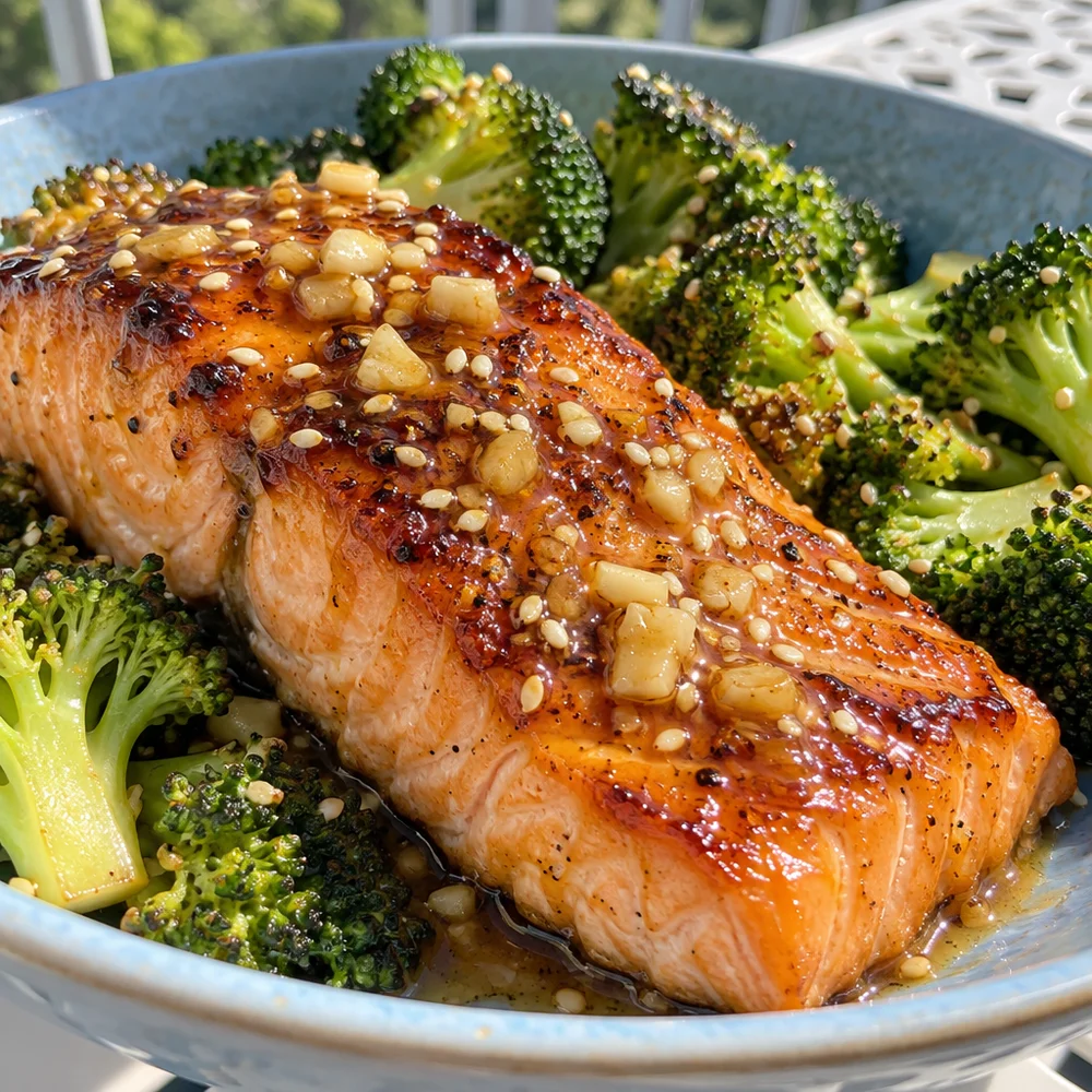 High-protein garlic and honey wild salmon with sesame broccoli