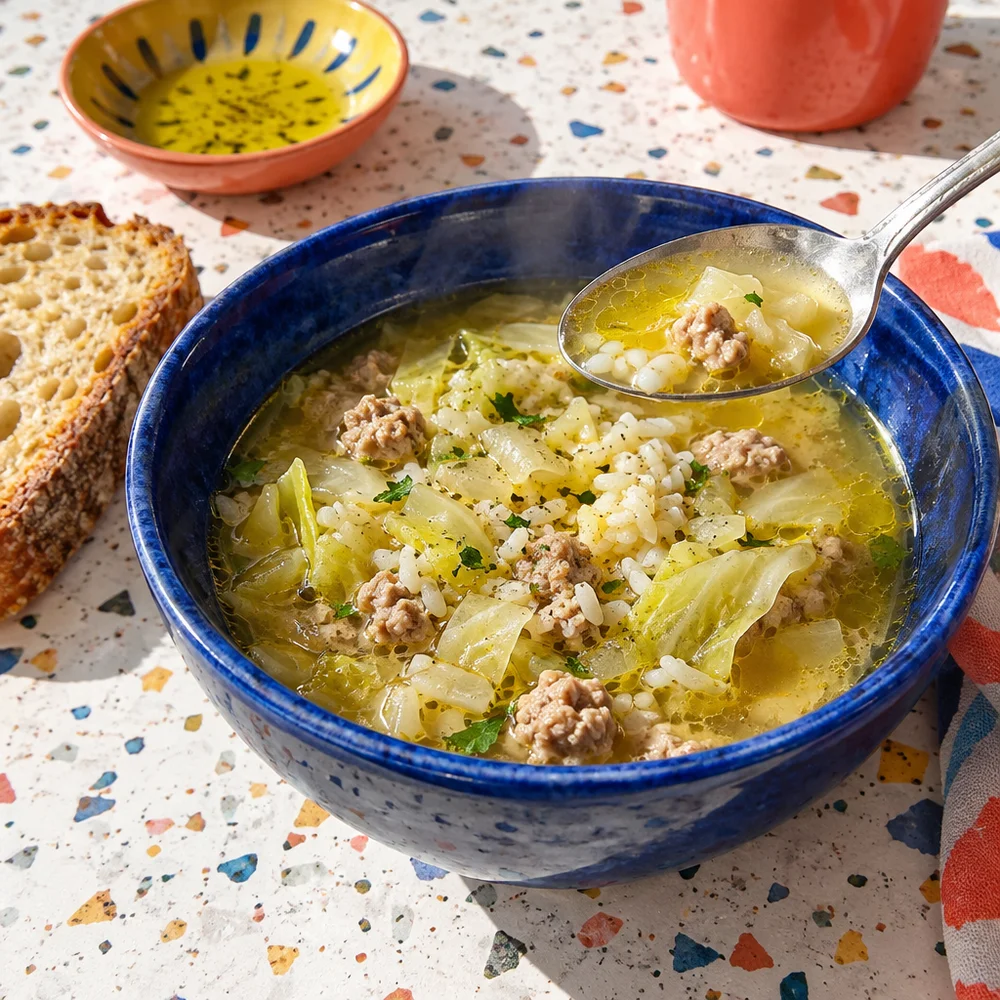 High-protein cabbage roll soup with turkey mince, white cabbage and rice