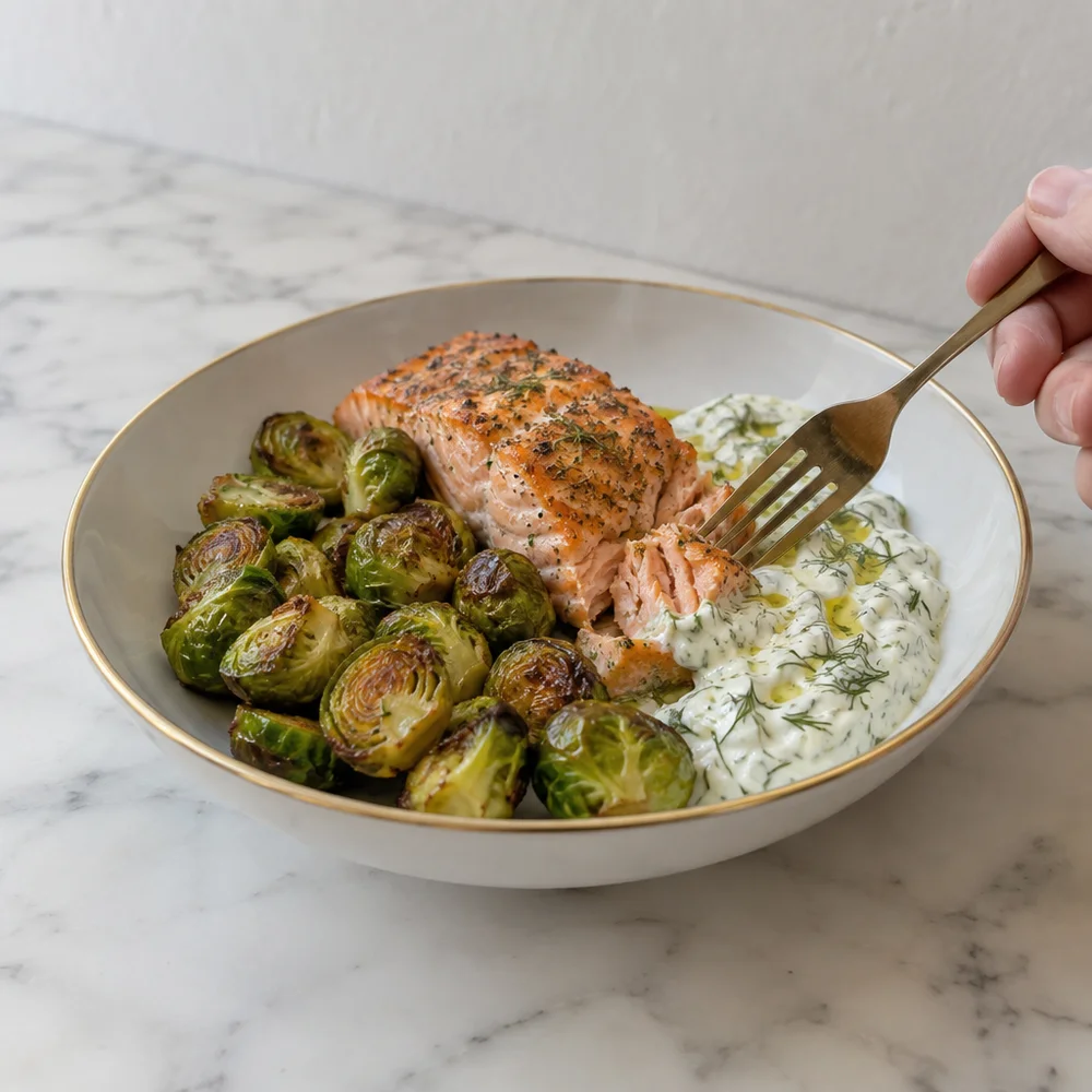 High-protein air fryer salmon with Brussels sprouts and mustard dill skyr