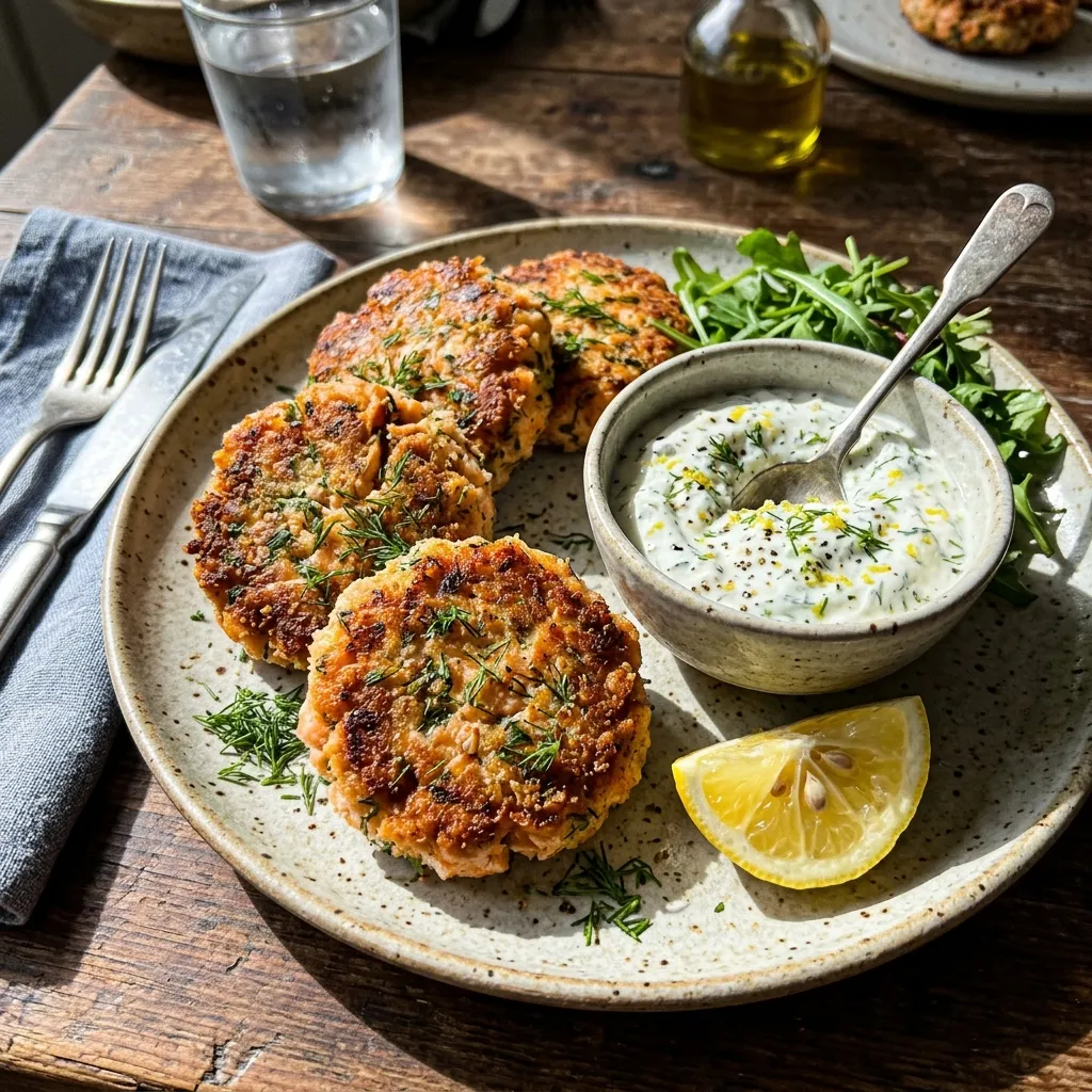 High-protein salmon patties with dill quark