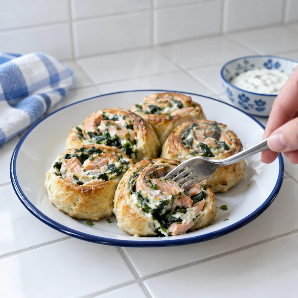 High-protein salmon and spinach pinwheels with spelt quark and oil dough