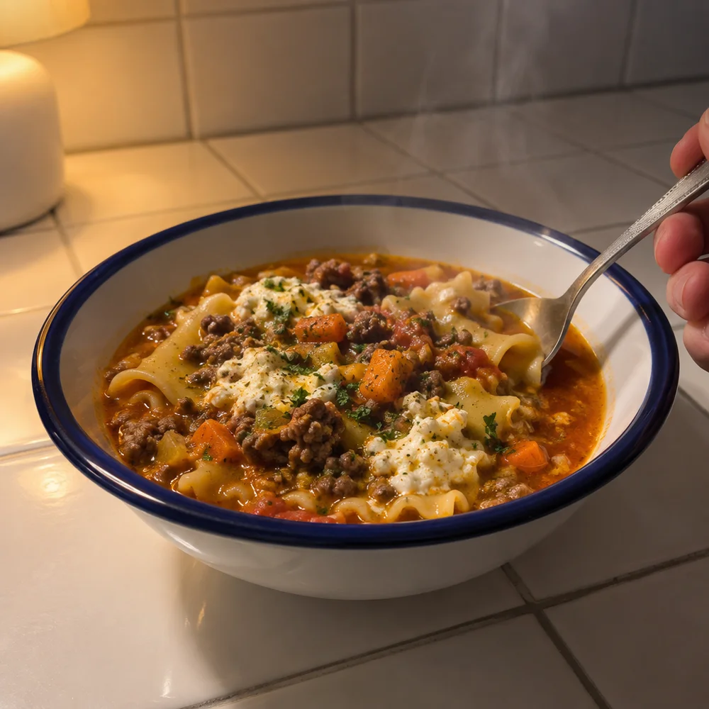 High-protein lasagne soup with beef mince and ricotta