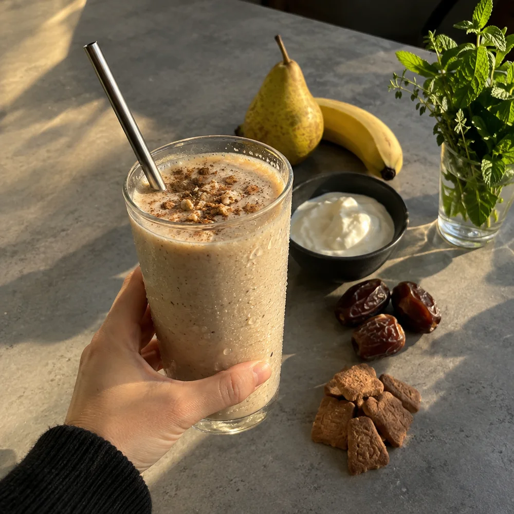 High-protein gingerbread smoothie with skyr and pear