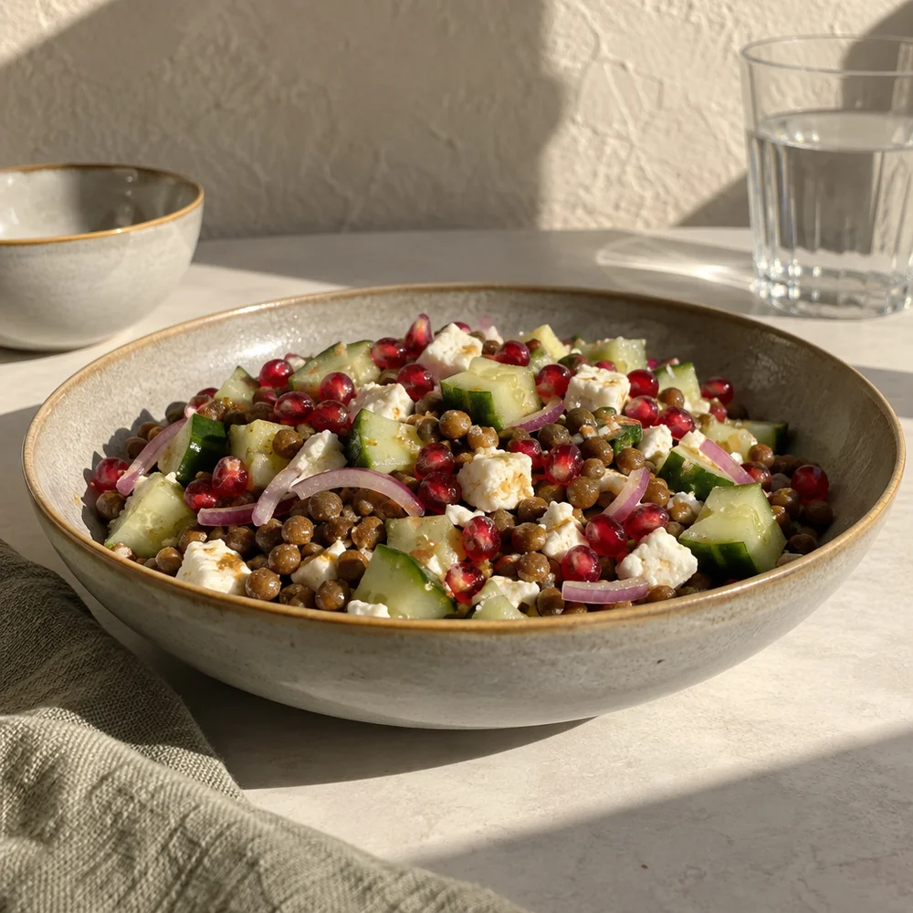 Lentil salad with feta and pomegranate