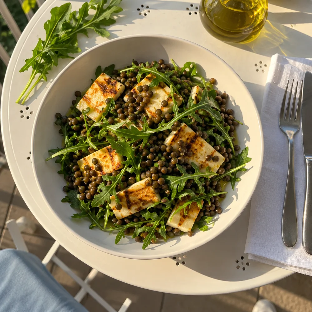 High-protein lentil salad with halloumi