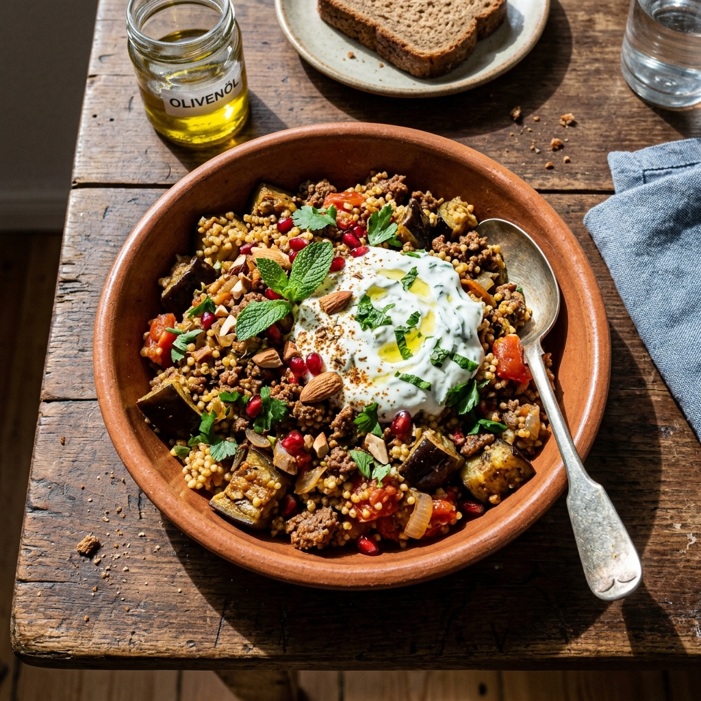 High-protein Moroccan aubergine pan-fry with millet and mint yoghurt