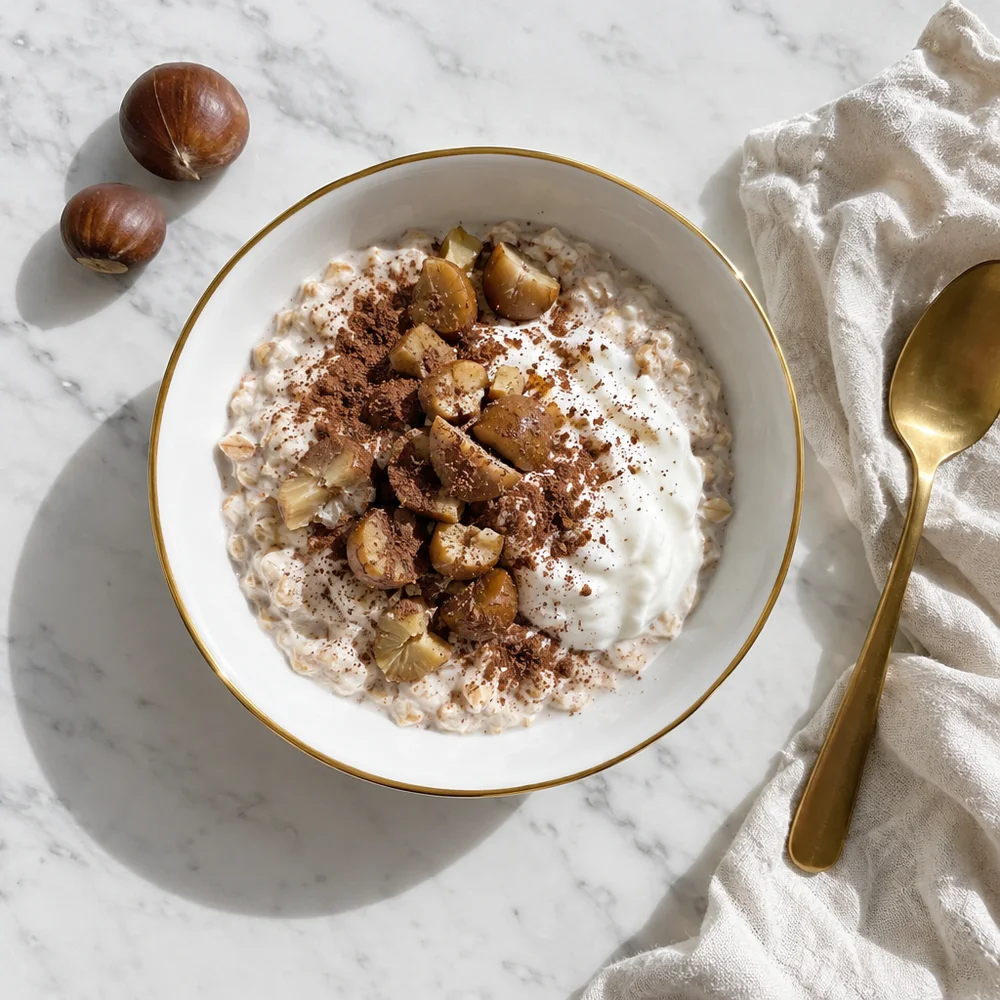 High-protein chestnut overnight oats with skyr and cocoa
