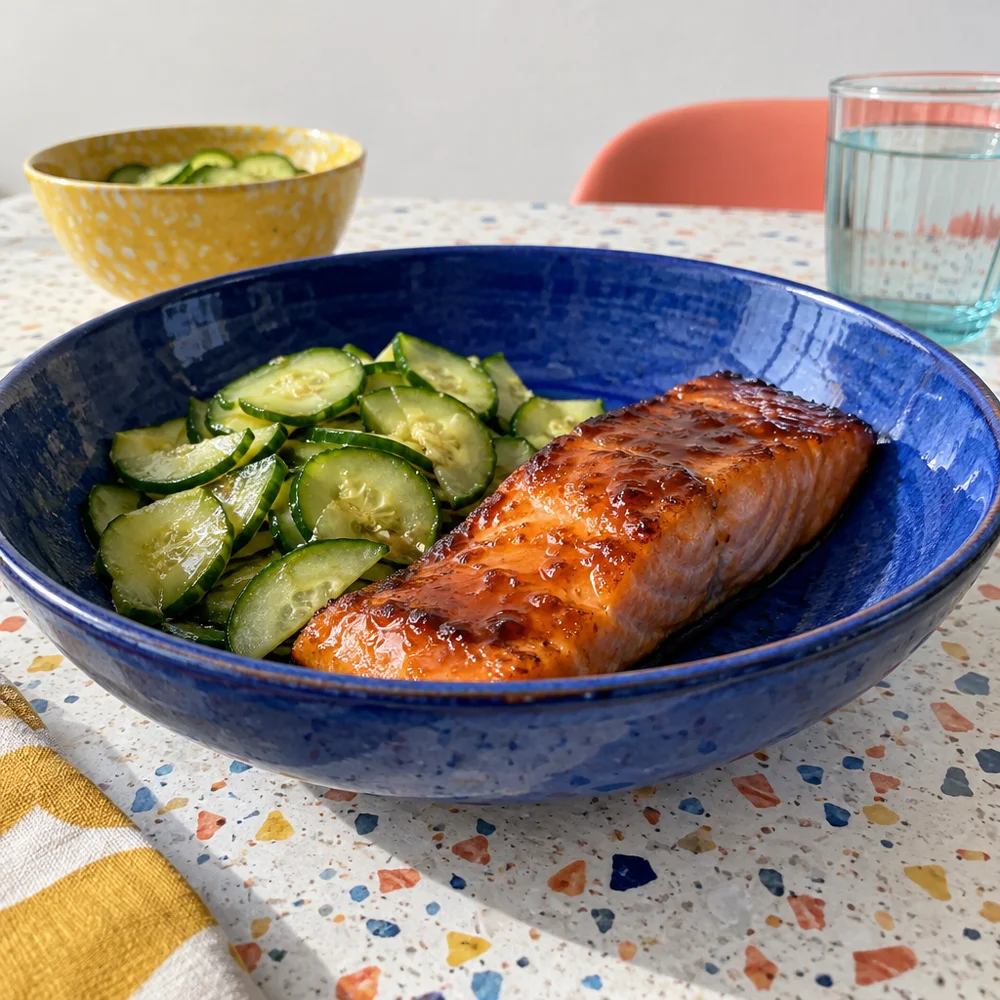 High-protein miso-glazed wild salmon with Asian cucumber salad