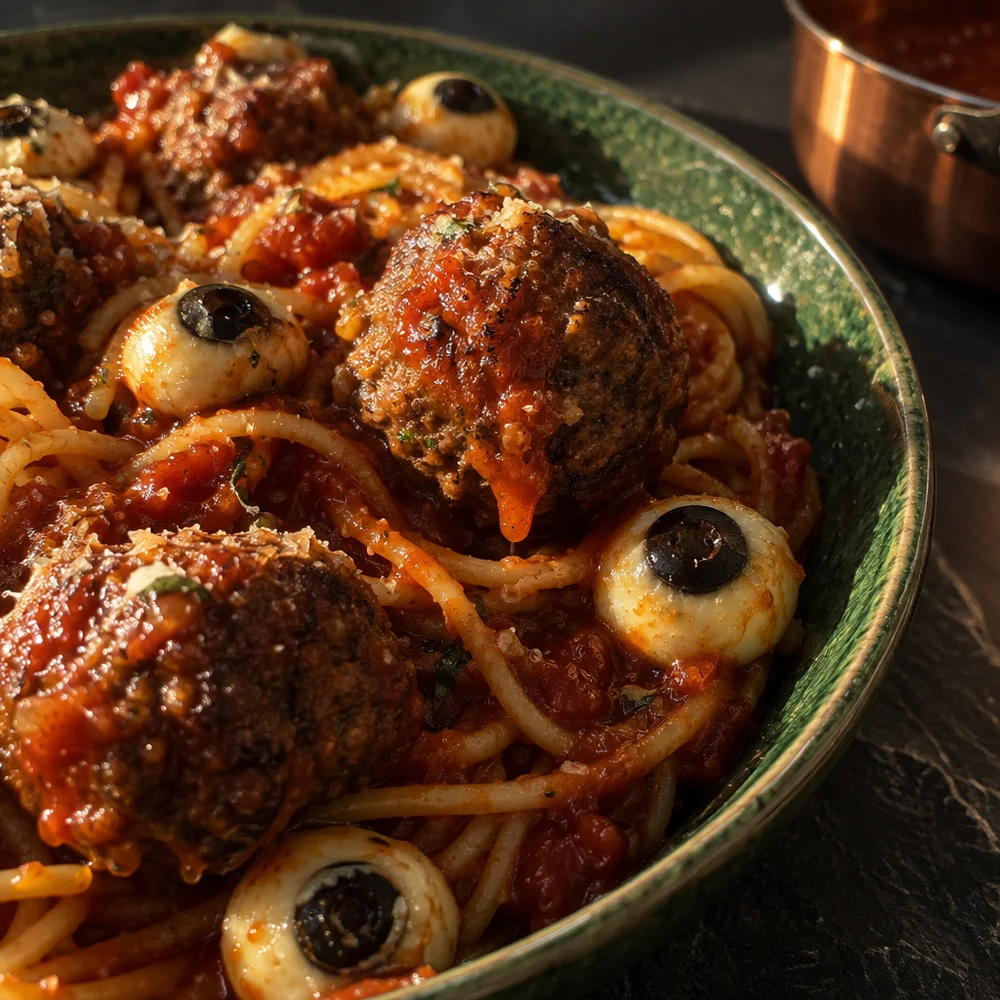 High-protein monster eye spaghetti with beef meatballs