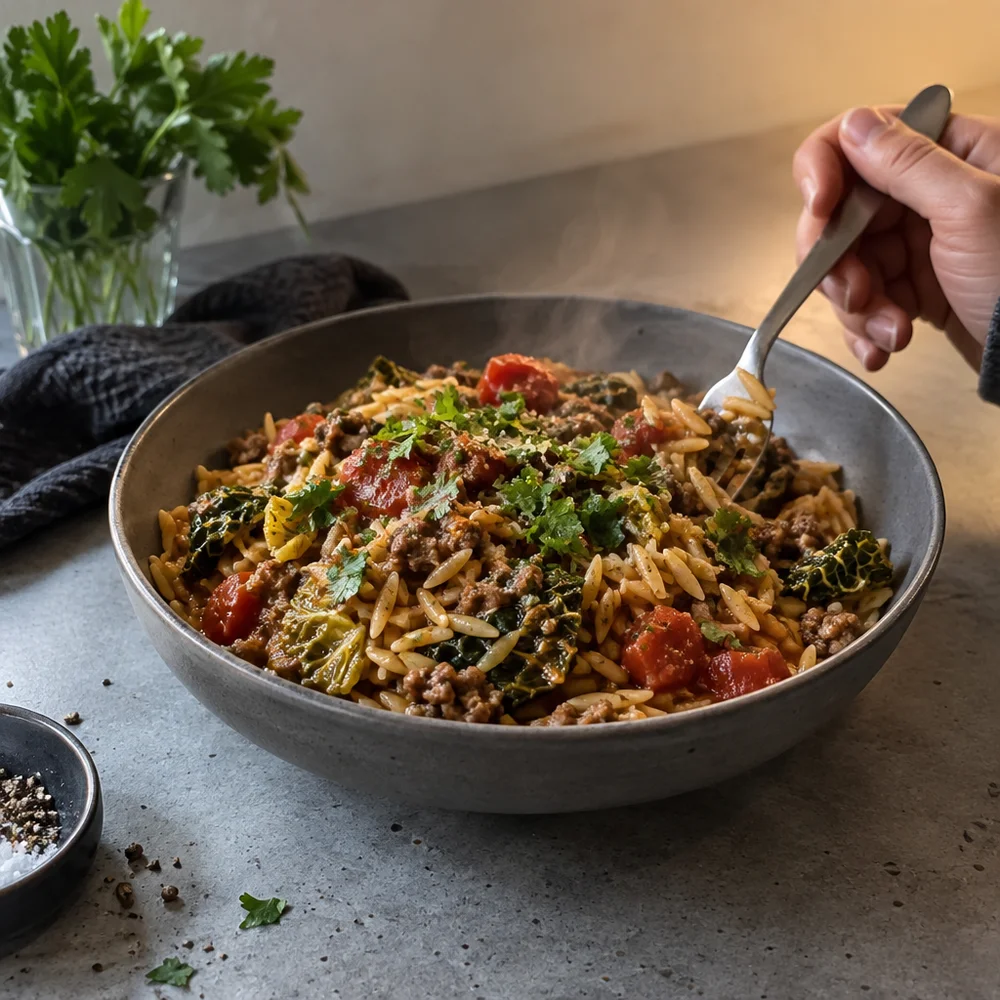 High-protein one-pot orzo with beef mince, savoy cabbage and tomatoes