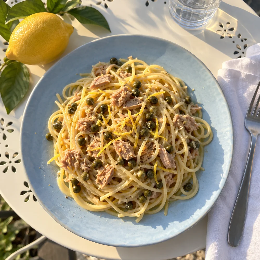 High-protein one-pot pasta with tuna, capers and lemon