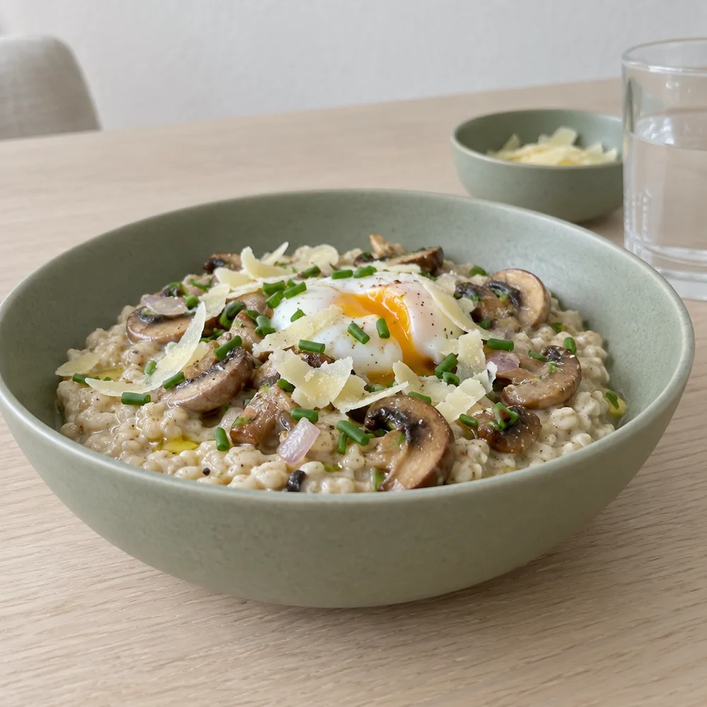 High-protein mushroom porridge with egg, Alpine cheese and chives