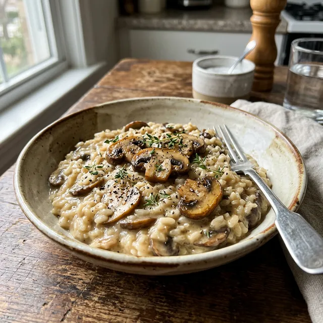 High-protein mushroom risotto with fresh thyme