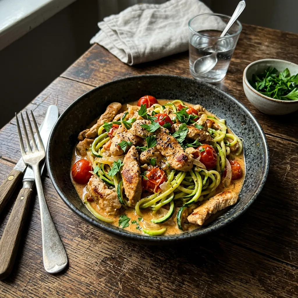 High-protein turkey strips with courgette noodles