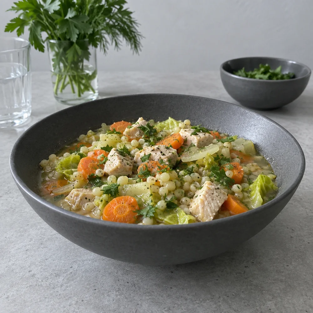 High-protein turkey and pearl barley stew with sweetheart cabbage and carrots