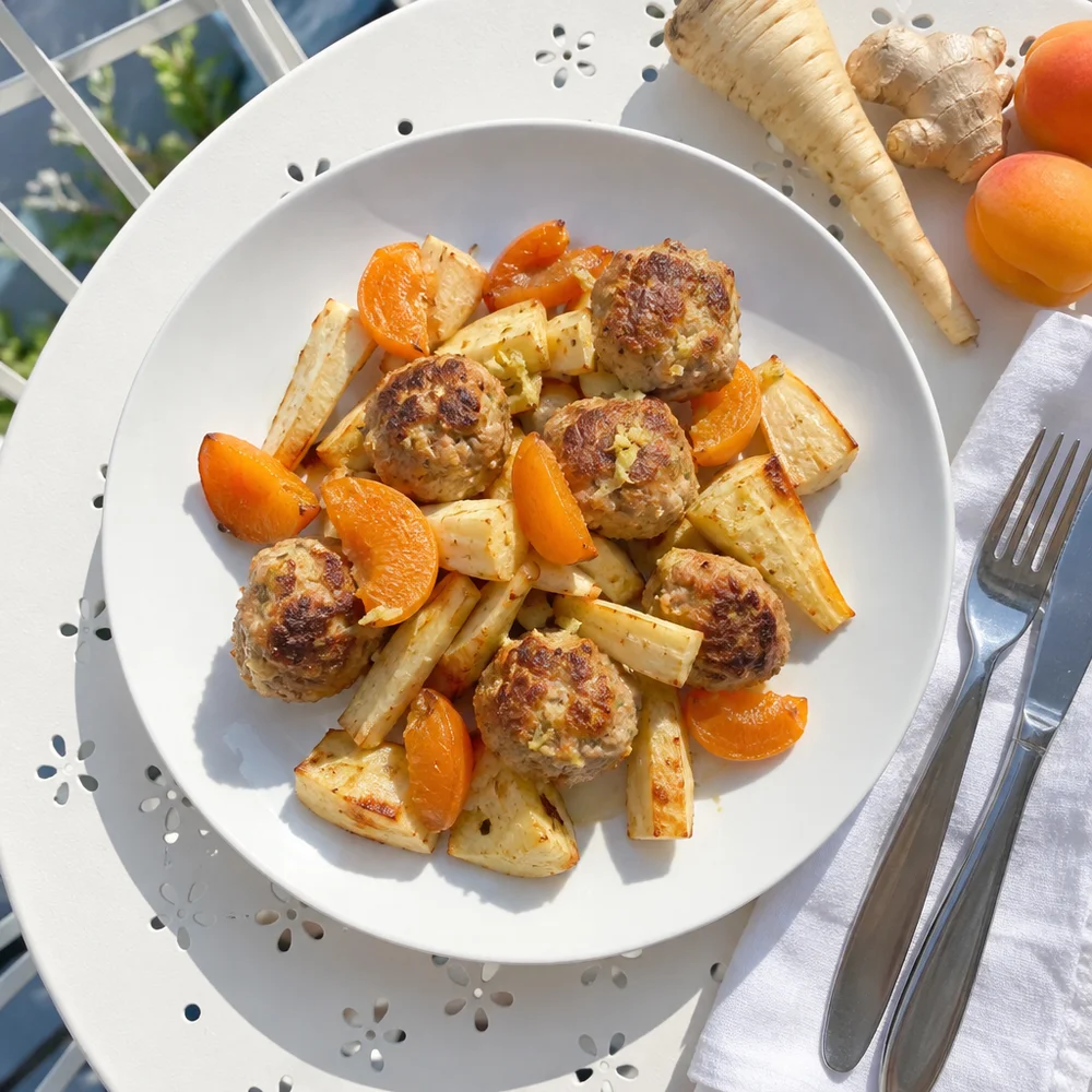 High-protein turkey meatballs with apricot and parsnip