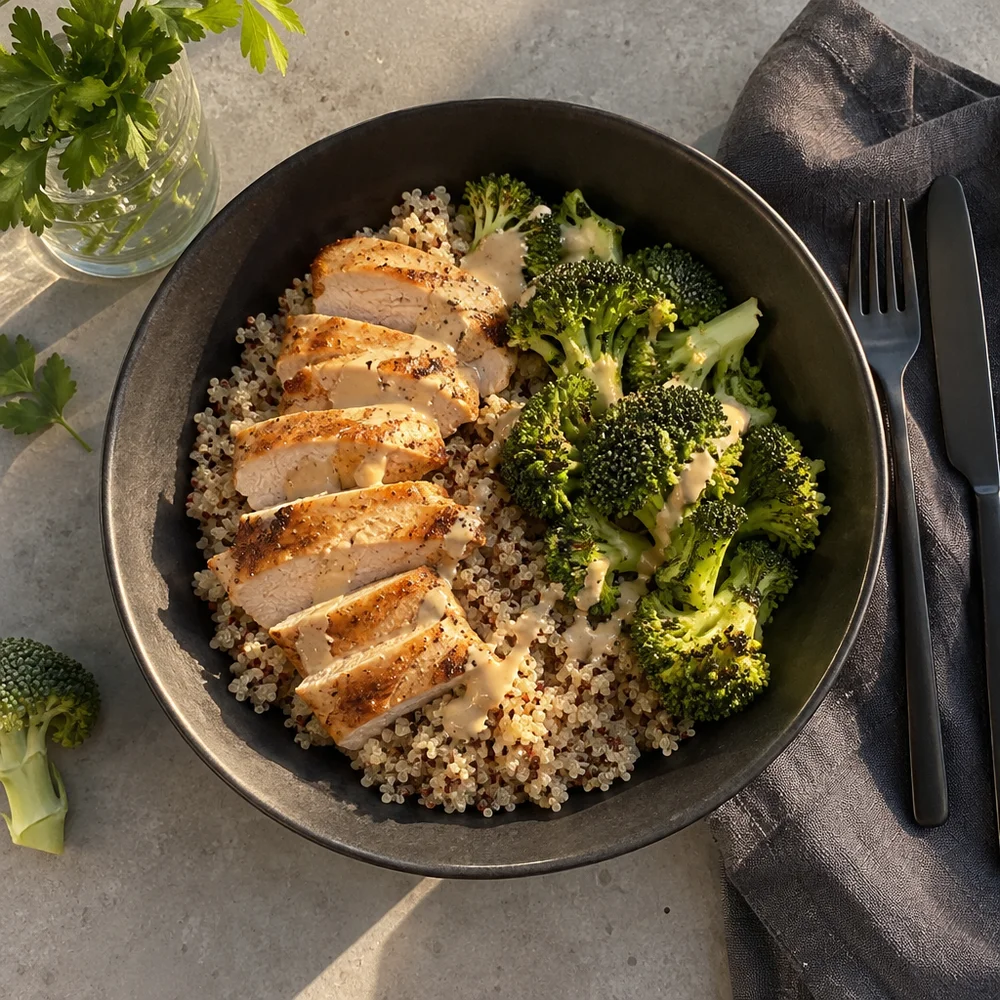 High-protein turkey quinoa bowl with tahini