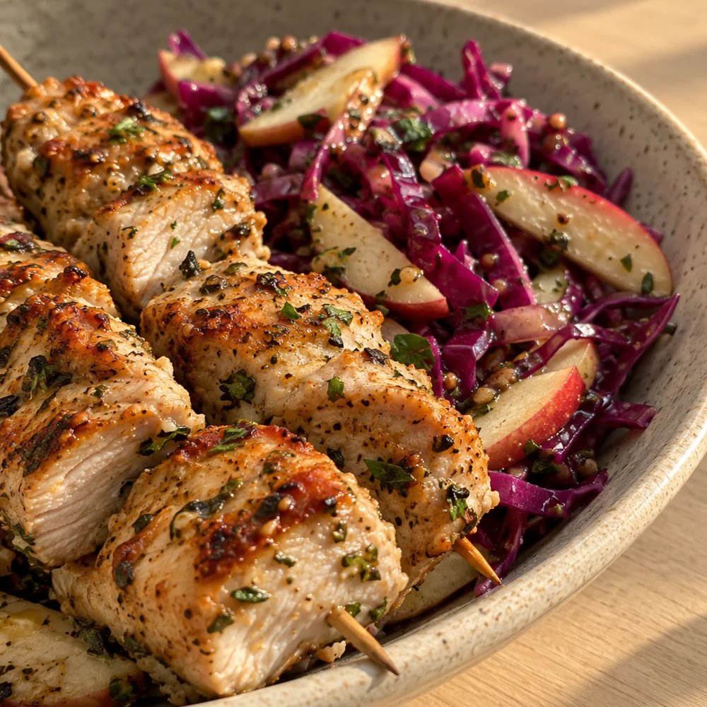 High-protein air fryer turkey skewers with apple and red cabbage salad