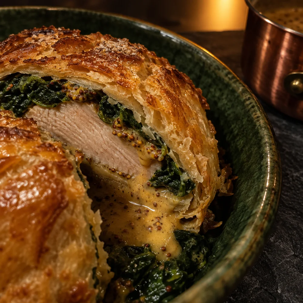 High-protein turkey Wellington with spinach and mustard