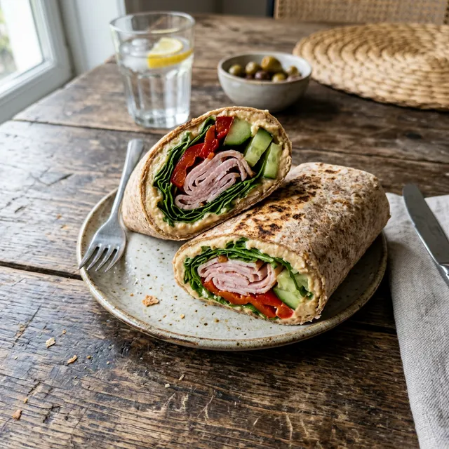 High-protein turkey breast wrap with hummus and veg