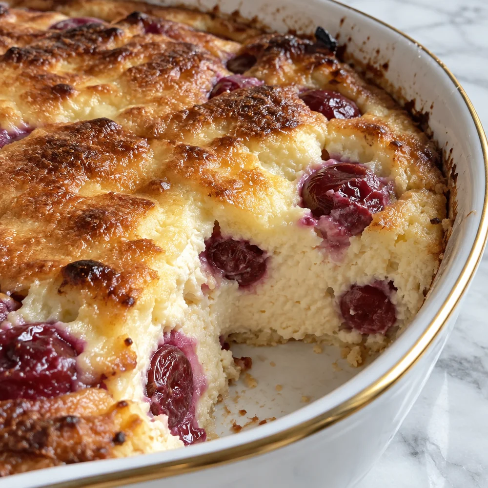 High-protein quark semolina bake with cherries