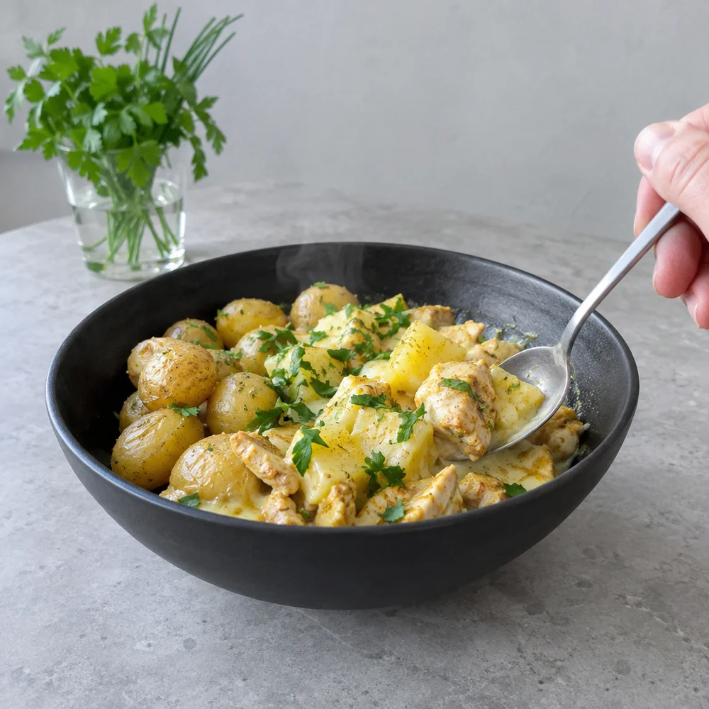 High-protein raclette pans with curried chicken and pineapple