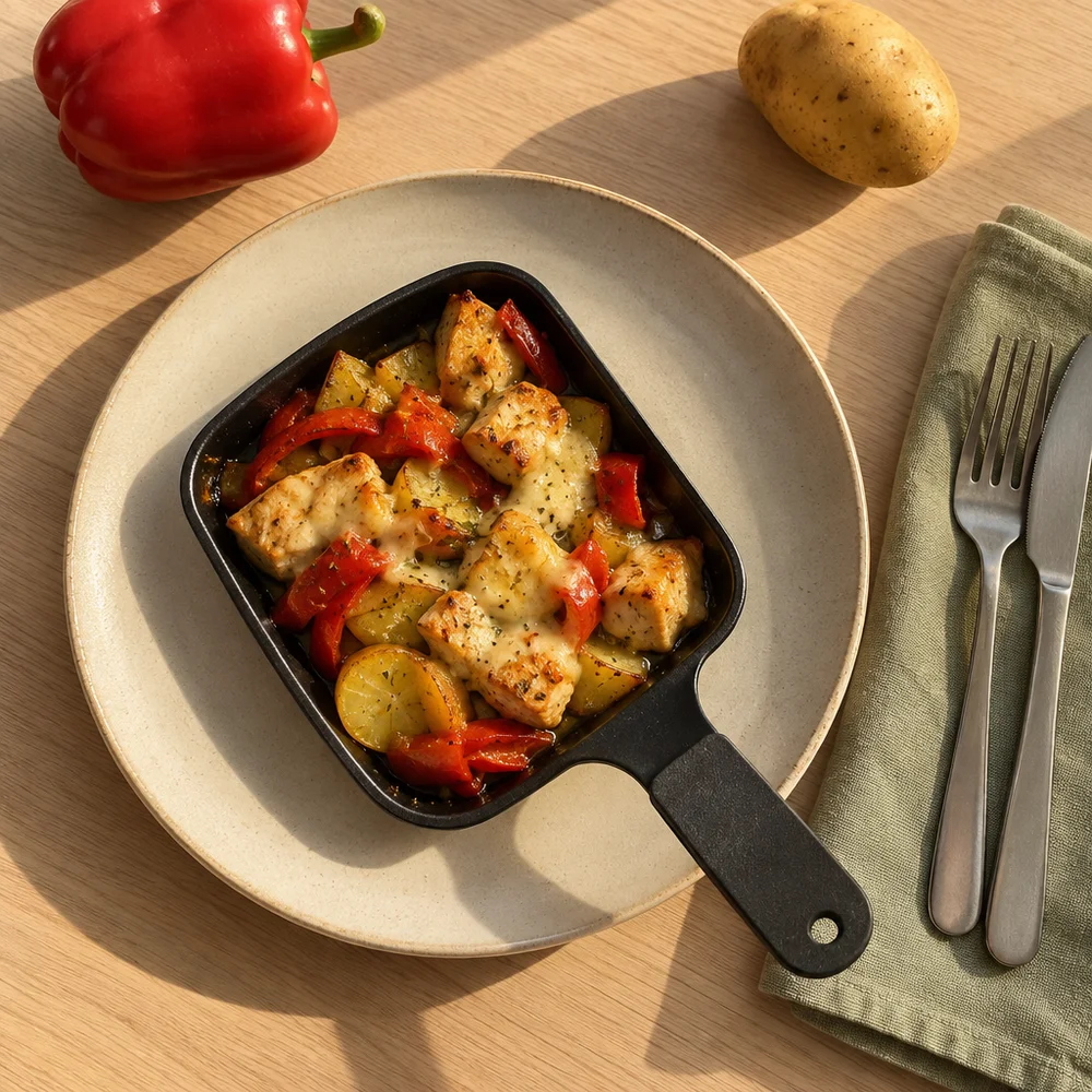 High-protein raclette pans with chicken and peppers