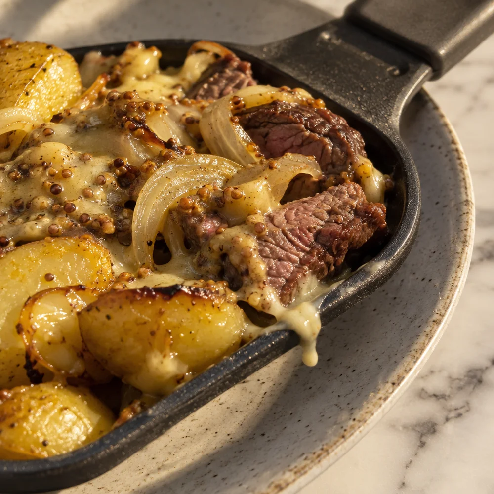 High-protein raclette pans with rump steak, onions and mustard