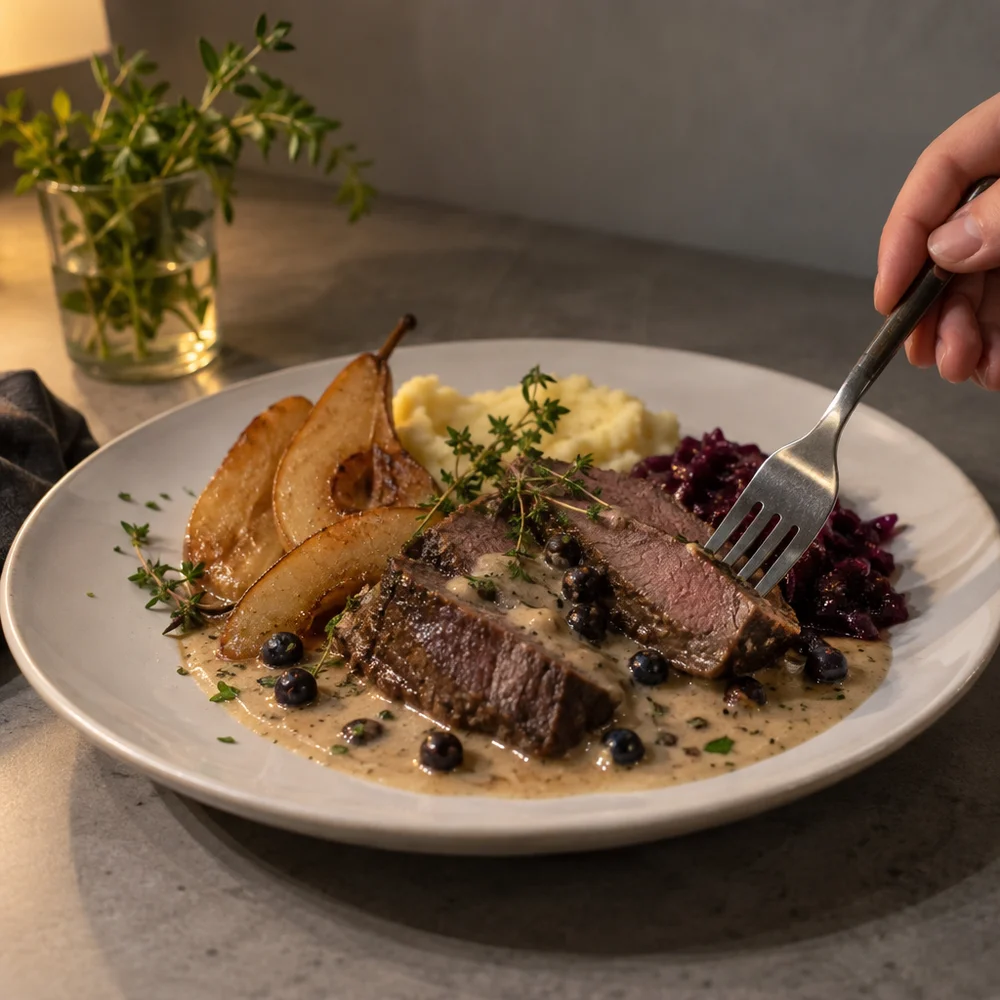 High-protein leg of venison with juniper cream sauce and pears