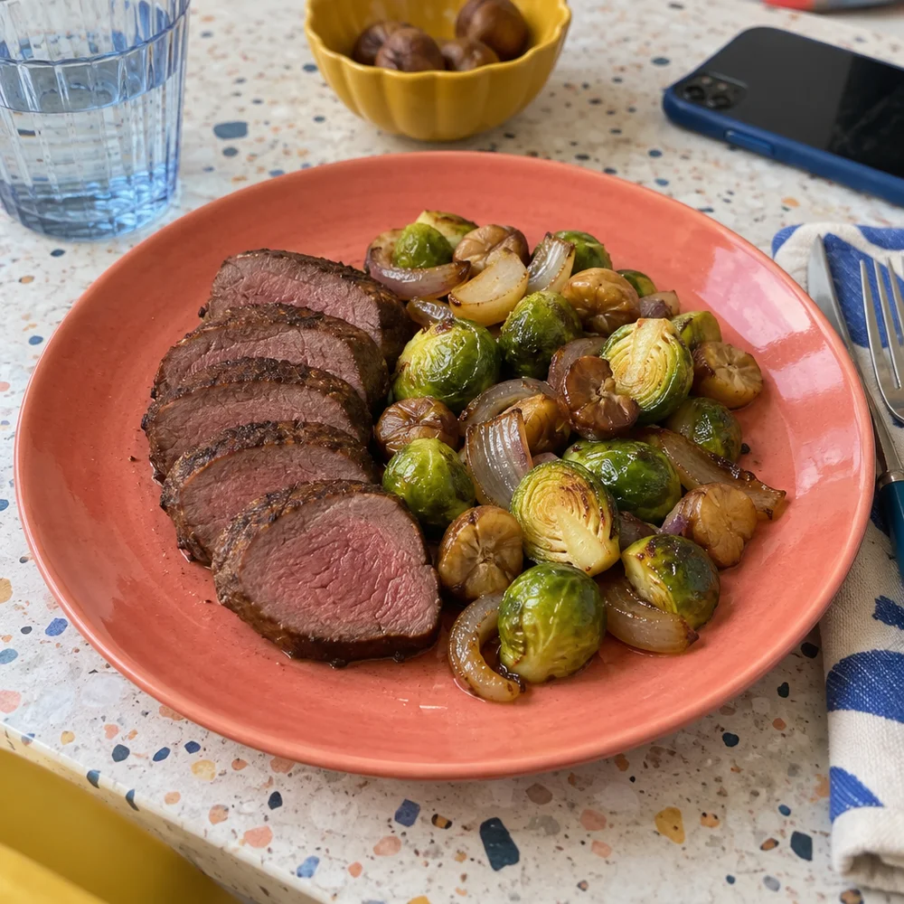 High-protein saddle of venison with Brussels sprouts and chestnuts