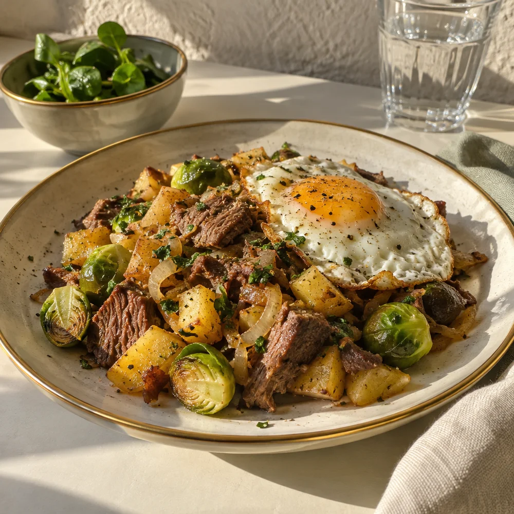 High-protein leftover hash with roast beef, Brussels sprouts and fried egg