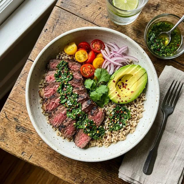 High-protein beef chimichurri bowl with avocado