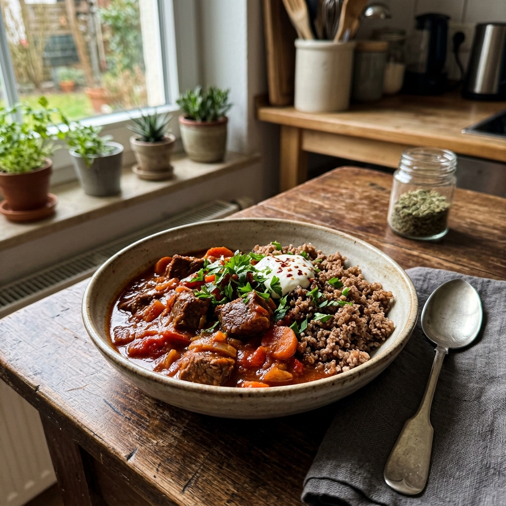 High-protein beef goulash with teff