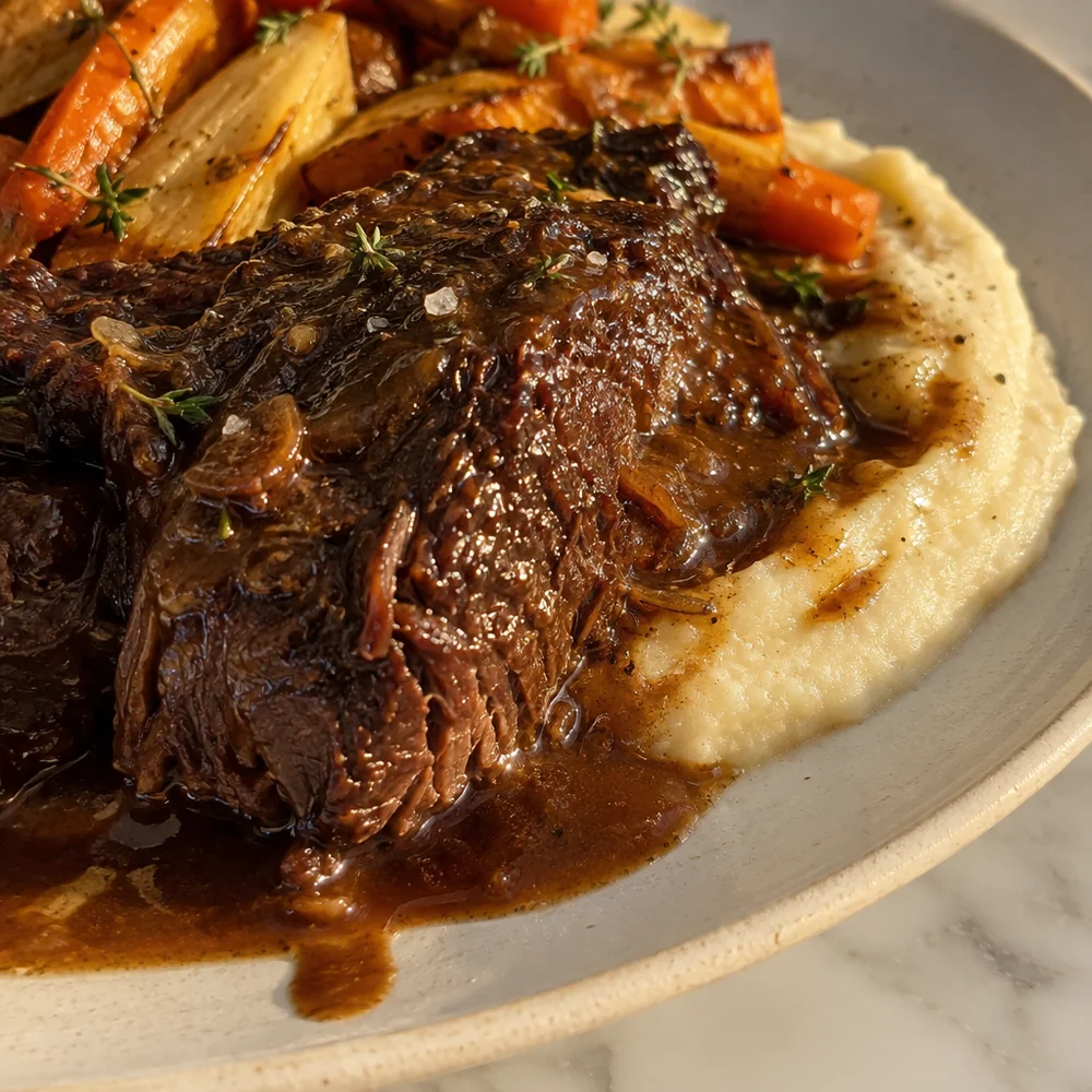 High-protein beef cheeks with celeriac purée and root veg