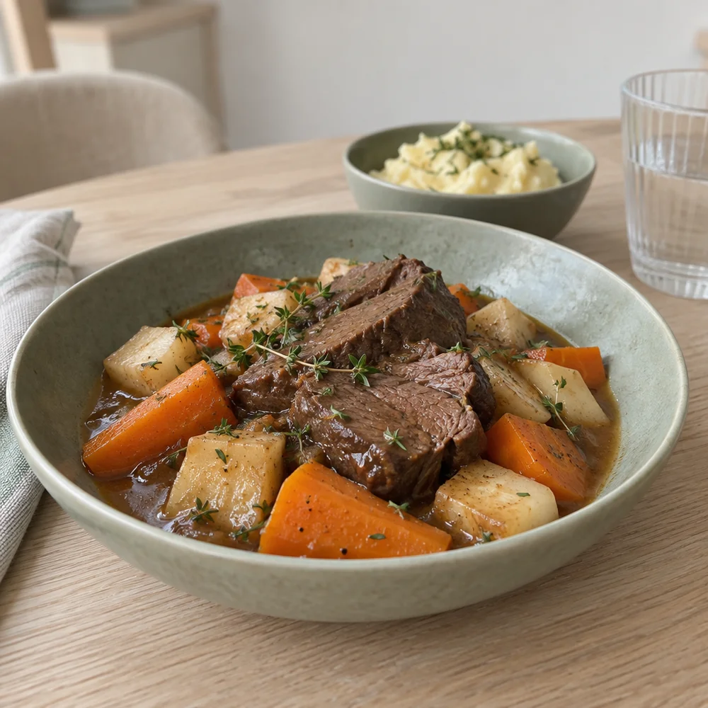 High-protein braised beef with root veg and thyme sauce