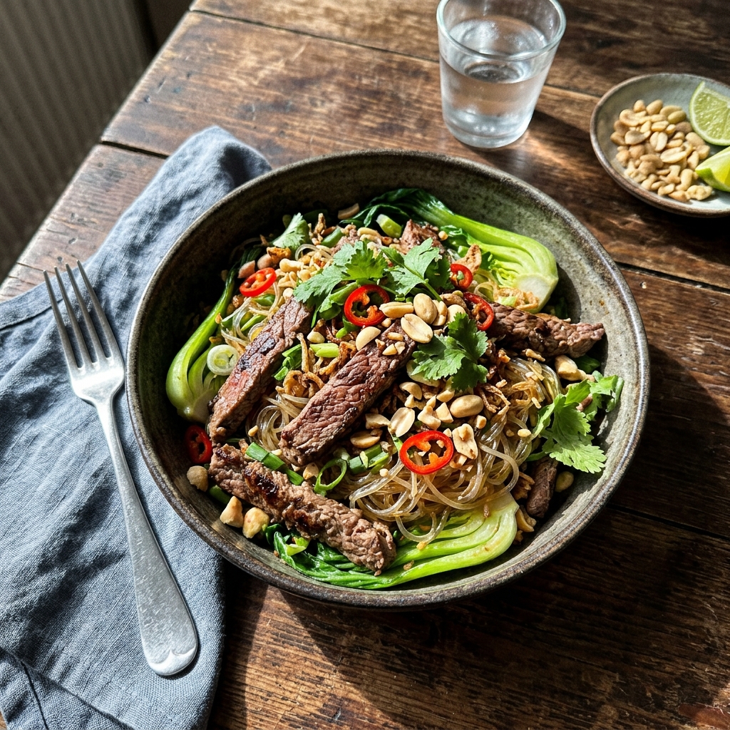 High-protein beef fillet and glass noodle salad