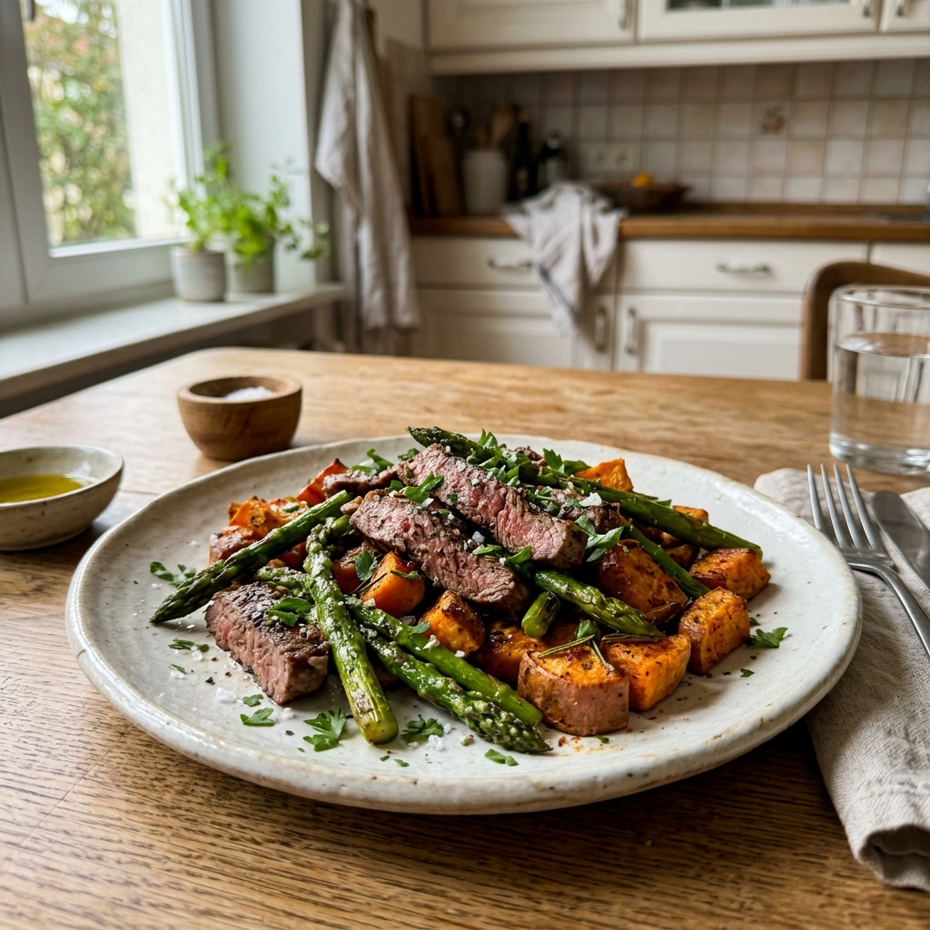 High-protein beef fillet strips with asparagus and sweet potato