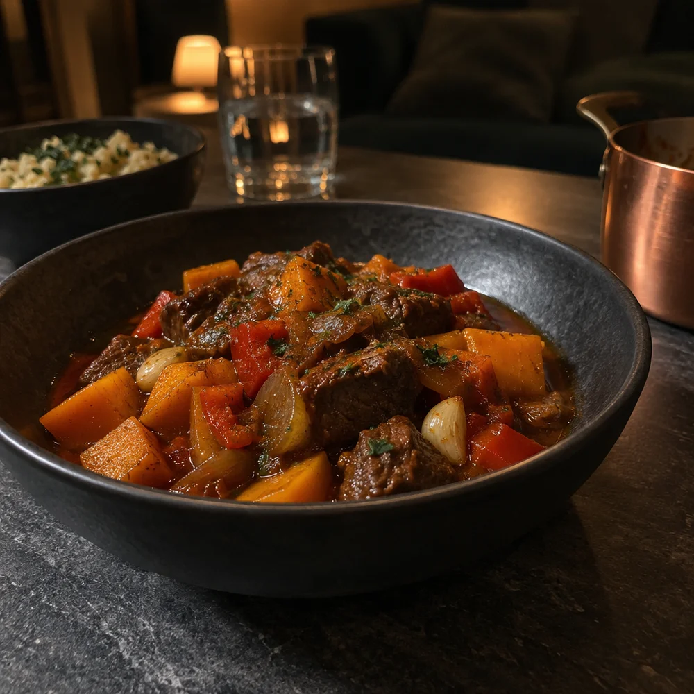 High-protein diced beef goulash with squash and peppers