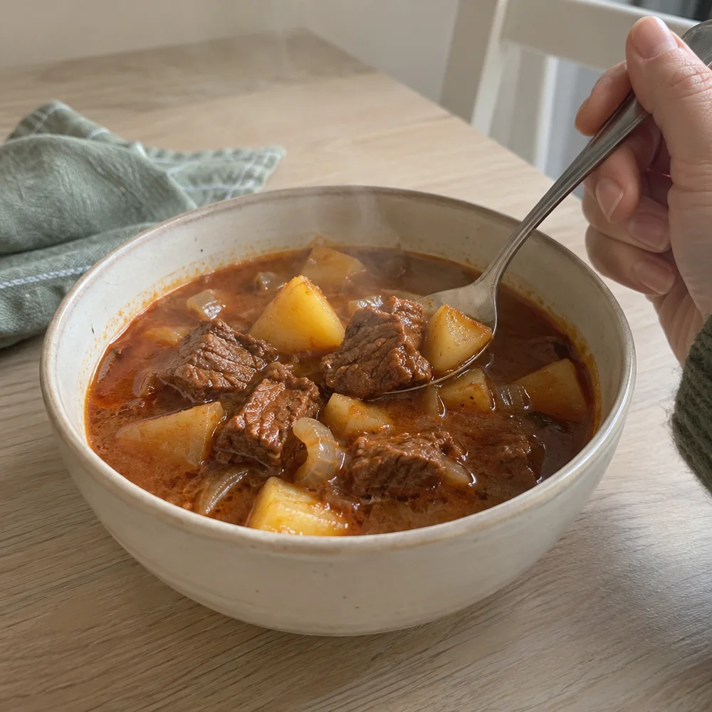 High-protein goulash soup with diced beef