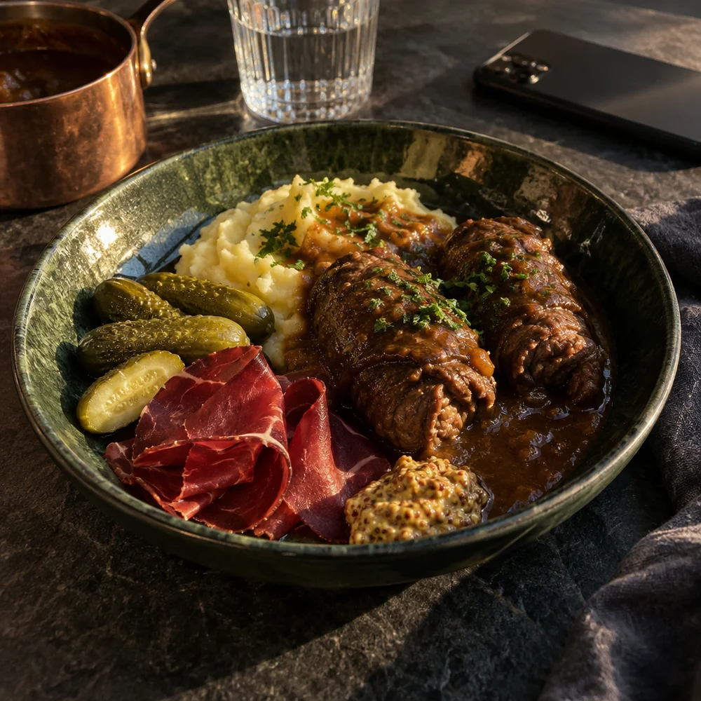 High-protein beef roulades with gherkins, mustard and bresaola